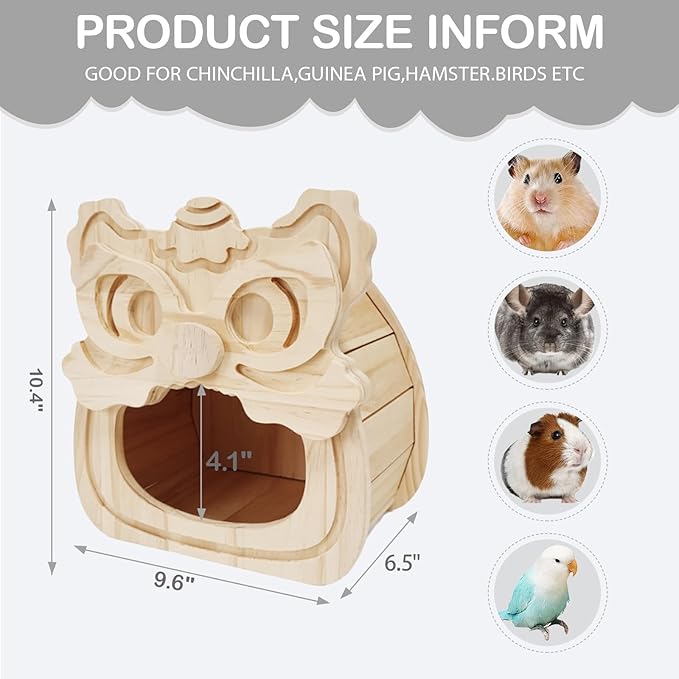Chinchilla Hideout Wooden Hides for Guinea Pigs, Small Animal Nature Wood House Chinchilla Cage Accessories for Hamster, Squirrel, Sugar Gliders etc (Lion Shape)