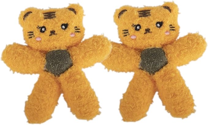 Cat Toys with Catnip Kitten Chew Bite Supplies Boredom Relief Fluffy Kitty Teeth Cleaning Chewing Cat Lovers Interactive Plush Gift (Tiger&Tiger)