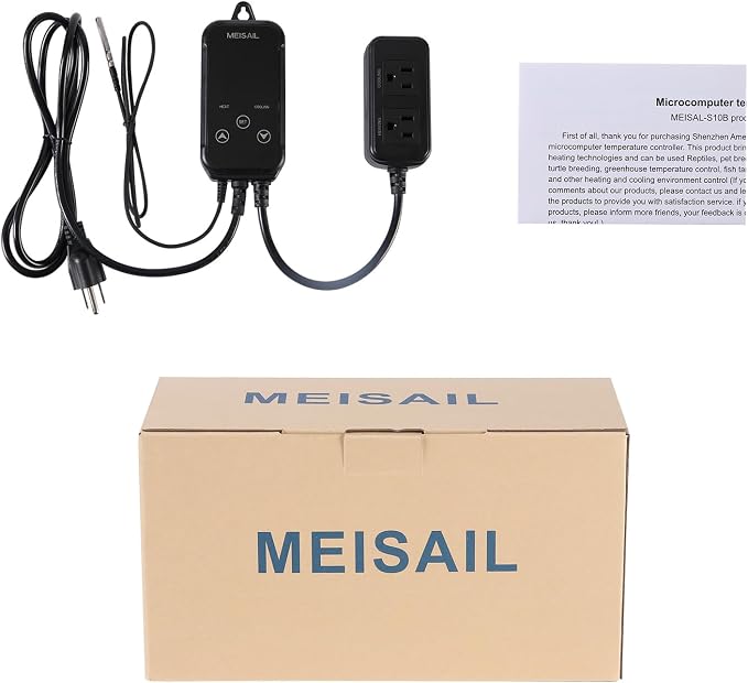 Digital Temperature Controller 2-Stage Outlet Thermostat | Heating and Cooling Mode, Carboy Homebrew Fermenter, Greenhouse Terrarium, 110V 10A, S10B-B