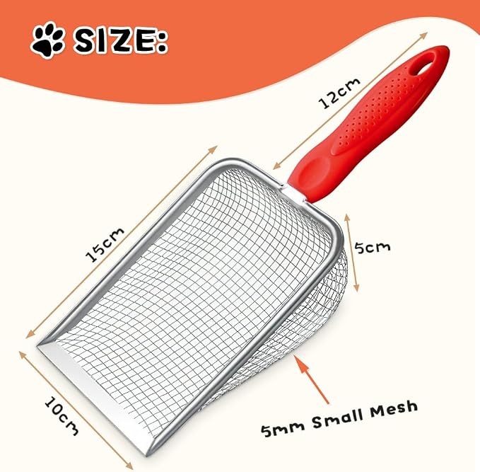 Cat Litter Scoop,Sturdy Litter Cleaner Corner Shovel,Stainless Steel Mesh Litter Shovel,Easy to Clean Reptile Terrarium Sand Waste,Beach Shovel(Red)
