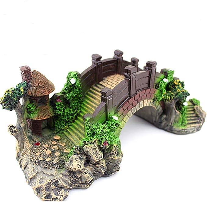 1pc Aquarium Landscaping,Magical Aquarium Resin Decoration Colorful Bridge Pavilion Tree Rockery for Fish Tank