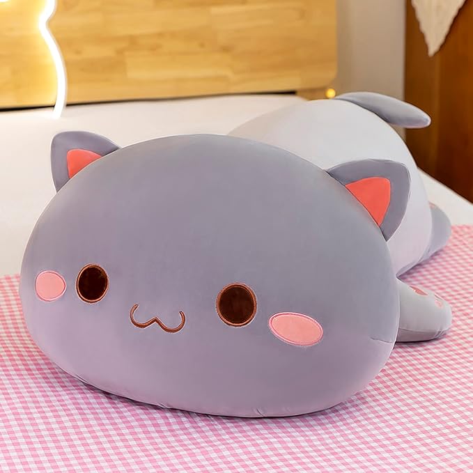 FUYU Cat Stuffed Animals, Soft Cat Plush Pillow Kawaii Kitten Stuffed Animal Toy Gifts for Kids Boys Girls Room Decor (Grey Round Eyes,15in/37cm)