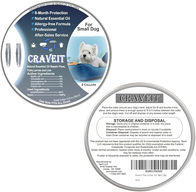 Craveit Dog Flea Collar, 2 Pack Flea Collar for Dogs Small, Gentle Plant-Based Tick Repellent for Small Dog, Waterproof & Adjustable, 8-Month Long-Lasting Defense