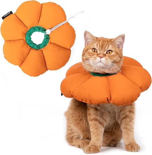 Cat Cone Collar,Cute Waterproof Recovery Collar,Anti-Bite Lick Wound Healing Safety Elizabethan e Collar for Cats,Orange Pumpkin Cat Halloween Costume