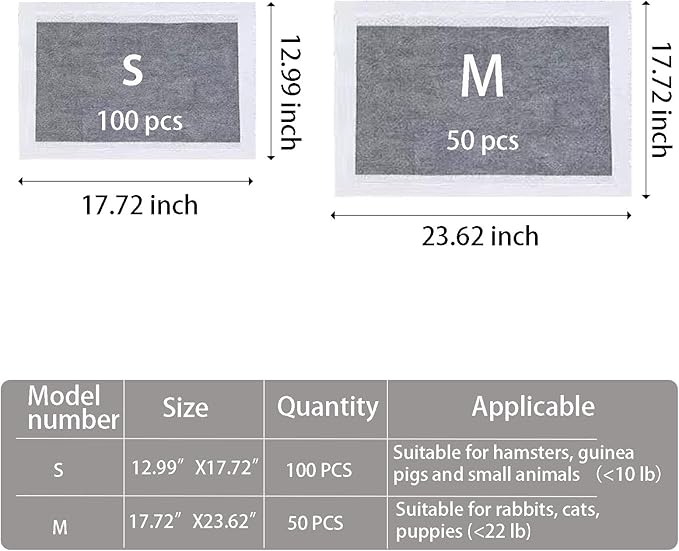 50 Pcs Rabbit Pee Pads，17.7"x23.6" Guinea Pig Cage Liners Rabbit Black Carbon Super Absorbent Disposable Potty Training Pad for Rabbits, Hamster and Other Small Animals (Gray, M)