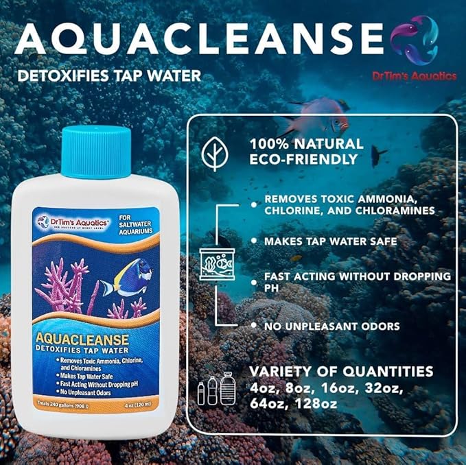 DrTim’s Aquatics AquaCleanse for Saltwater Aquariums – 8 oz – Tap Water Detoxifier, Dechlorinator & Ammonia Reducer for New and Cycled Fish Tanks