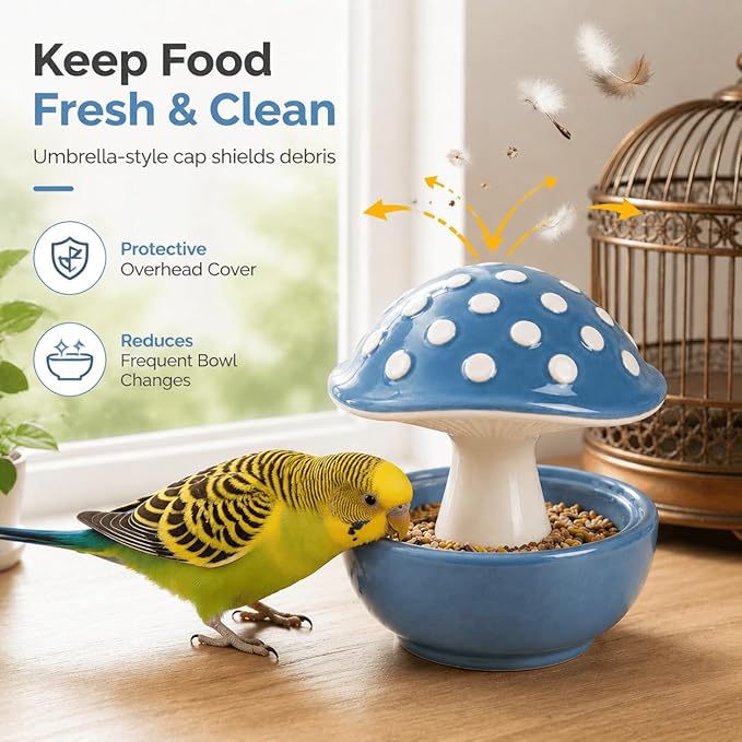 Cute Mushroom Ceramic Bird Water Dispenser & Seed Bowl, Premium Glazed Anti-Dust Feeding Dish for Small Parrots, Conures, Hamsters, Heavy Duty Cage Accessory