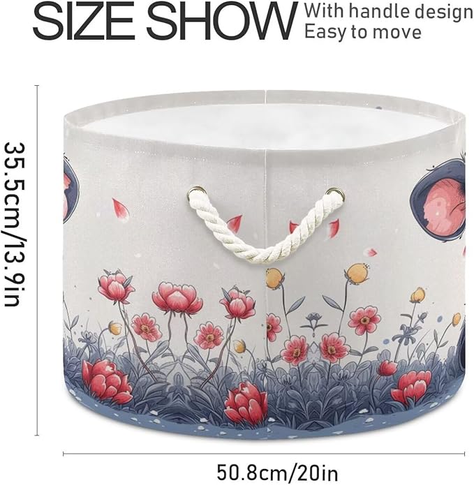 Cow Print Round Storage Basket Cute Animal Flower Large Laundry Hamper 20 x 20 x 14 Inches Organizer Bin with Cotton Rope Handles Clothes Storage Bag for Nursery Bedroom Living Room Decor