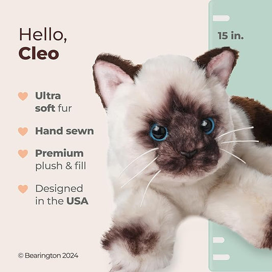 Bearington Cleo Siamese Cat Plush Toy - 15" Realistic Stuffed Cat with Soft Fur, Weighted Paws and Lifelike Details - Cuddly Soft Plushies for Girls, Kids, and Kitten Lovers - Gift for Play or Display
