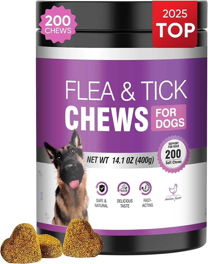 Dog Flea and Tick Treatment Chewable 200 Treatment Chews Natural Soft Chew Support Supplement Pest Defense Breeds and Ages Dogs Chicken Flavor