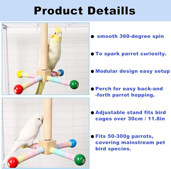 2 PCS Bird Stand Perch Toys for Parakeets,360°Wooden Parrot Perch for Bird Cages, Interactive Spinning Toy to Expend Energy
