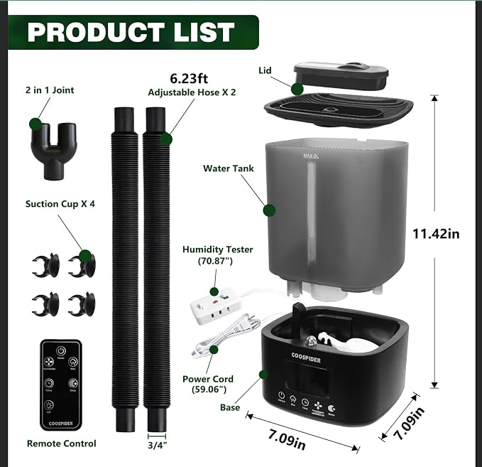 Coospider Reptile Fogger Humidifier, Automatic Humidifiers for Reptiles Tank, Terrarium Humidifiers with Dual Hose Timer Humidity Control, Reptile Mister for Amphibians Herps Vivarium (5L/1.32Gallon)