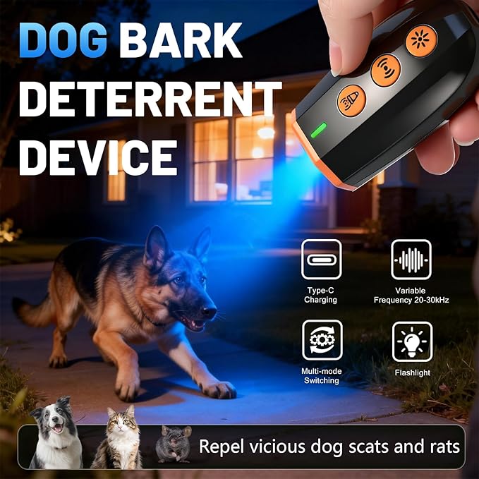 Ultrasonic Bark Deterrent Device, 3-in-1 Compact Humane Safe Dog Barking Control Tool, Handheld Dog Repellent with LED Strobe & Flashlight, Rechargeable Dog Training Aid for Indoor Outdoor Use