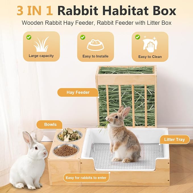 Extra-Large 3 in 1 Rabbit Litter Box with Hay Feeder and Bowls Set, Wood, Mess Proof, for Guinea Pigs, Chinchillas, Hamsters, and Rabbits