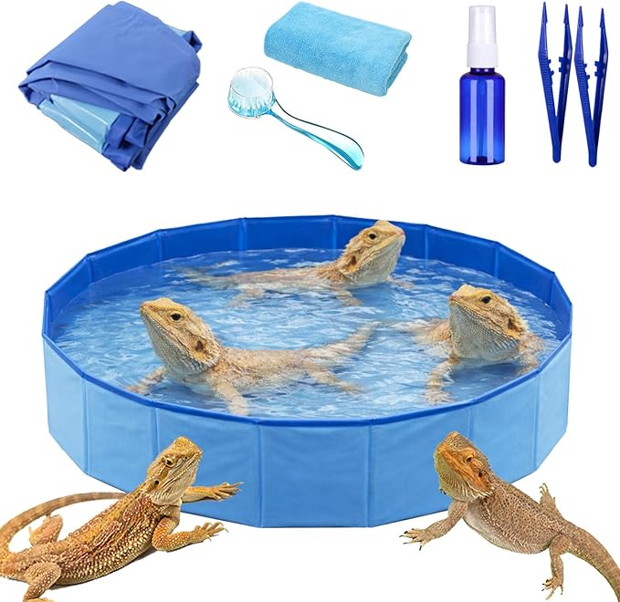 6Pcs Bearded Dragon Pool – Foldable Reptile Bathtub & Towel (Large or Medium Size), Bath Brush, Spray Bottle & Plastic Tweezers for Bearded Dragons, Bearded Dragon Bath Accessories (Medium)