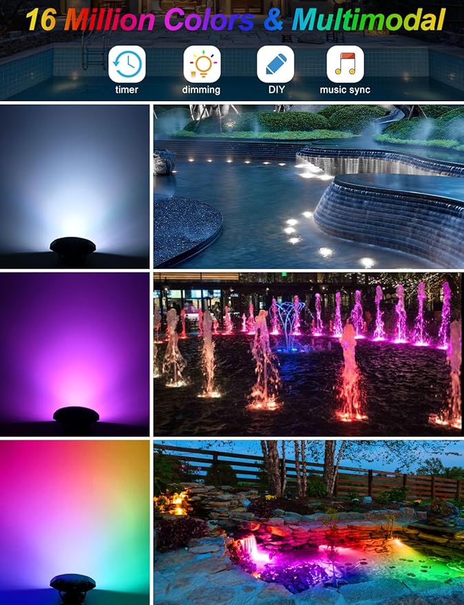 RGB Underwater Pond Lights, Super Bright LED Submersible Fountain Lights Colored Landscape Spotlights, Bluetooth APP Control IP68 Waterproof for Fish Aquarium Tank Garden Yard Pool (Set of 6)