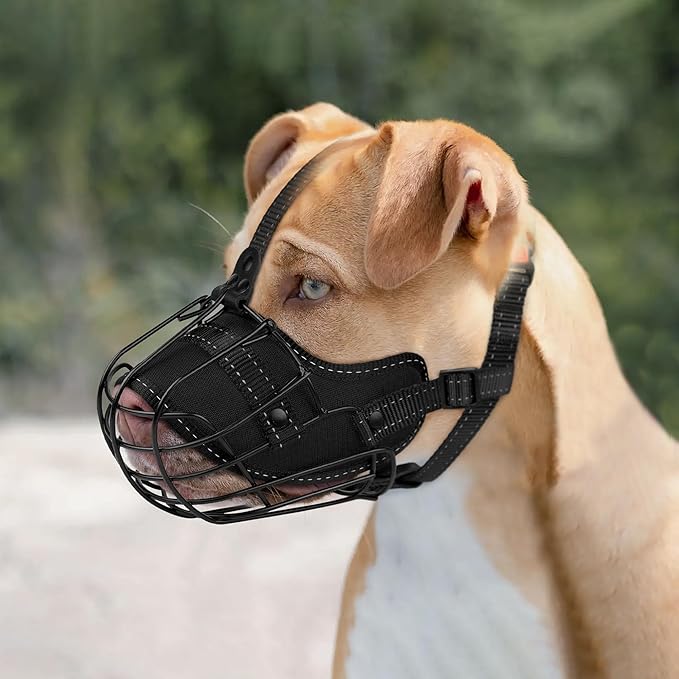 OOPSDOGGY Pitbull Dog Muzzle Reflective Metal Mask Secure Wire Basket Muzzles for Large Sized Dogs Amstaff Soft Cage to Prevent Biting Chewing with Adjustable Nylon Straps (Black, Pitbull)