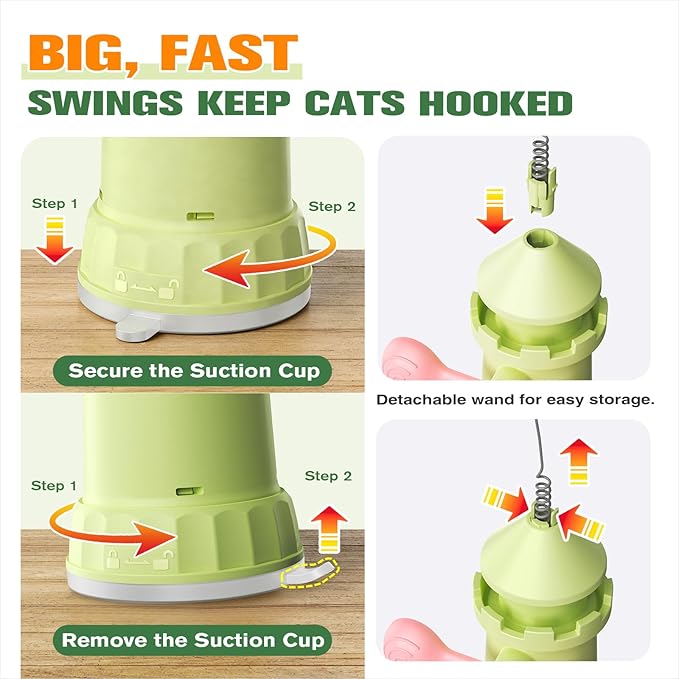 Interactive Cat Toy for Indoor Cats, Suction Cup Cat Wand Toy with 2 Play Modes, Self-Play Enrichment Cat Toy, Enhanced Suction Cup, Boredom Relief & Exercise for Cats (Apple Green)