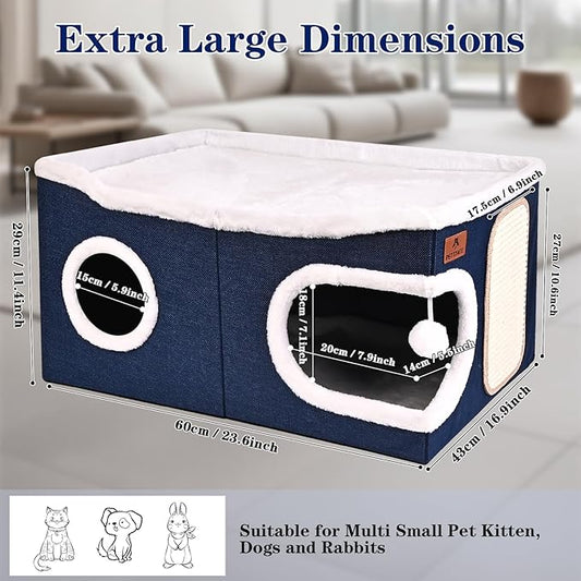 Extra Large Cat Beds for Indoor Cats, Covered Cat Cave Beds & Furniture with Scratch Pad and Fluffy Ball, Foldable Cat Condo Hideaway with Reversible Cushion for Multi Small Pet Large Kittens, Blue