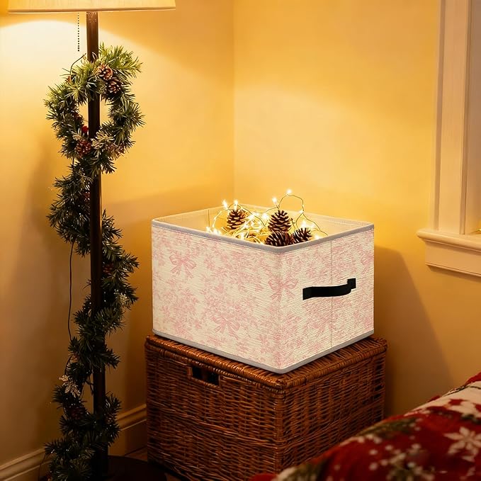 Pink Coquette Bow Floral Storage Bins, French Country Rustic Pink Flower Foldable Closet Organizers Storage Basket Toybox for Girls Room Clothes Bed Sheets Blankets Toys