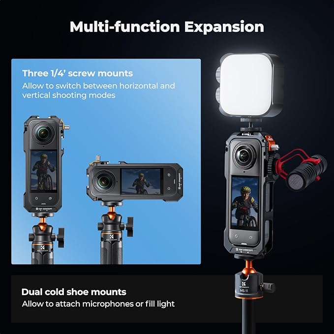 K&F Concept Camera Cage Compatible with Insta360 X5, Aluminum Alloy Protective Frame Case with Silicone Lens Cover + Screen Protector |1/4" Screw Hole | 2 Cold Shoe Mounts for Microphone, LED Light