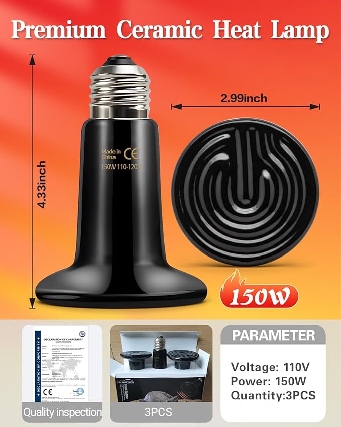Ruiandsion 150W Ceramic Heat Emitter Bulb – No Light, Safe 24/7 Heat for Reptiles, Chickens & Small Pets – Durable Ceramic Reptile Heating Lamp for Terrariums & Coops (Single Pack)