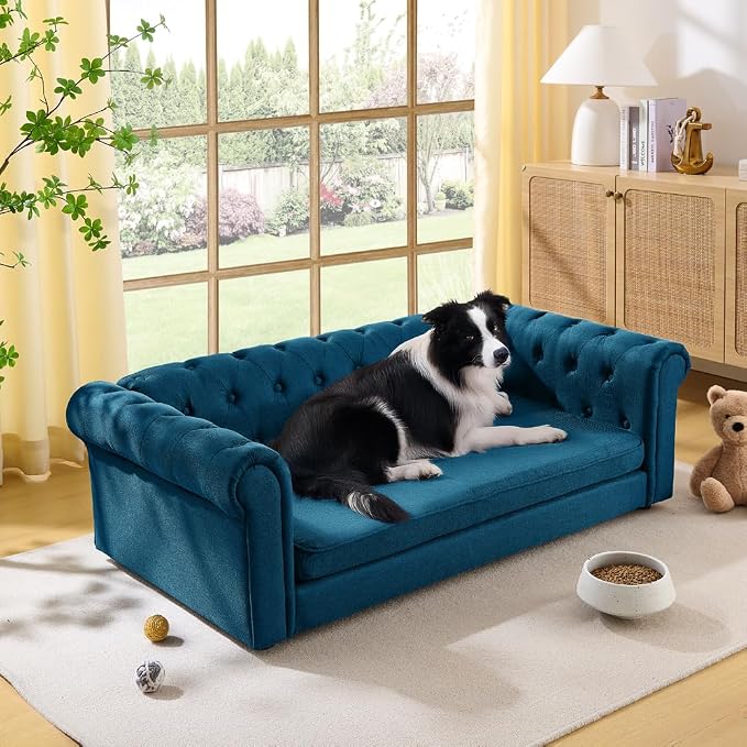 Large Dog Couch, for Large & Extra Large Dogs | Removable & Washable | No Assembly Required | Breathable Linen Fabric | Soft Foam |Floor-friendly sofa legs | Blue