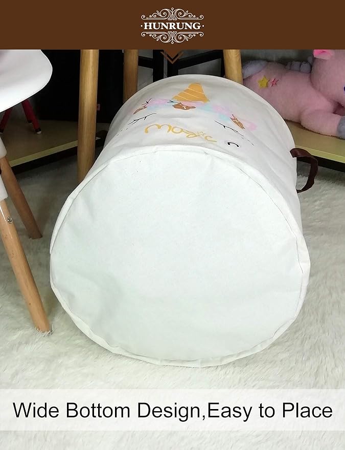 Collapsible Fabric Storage Basket, Waterproof Laundry Hamper with Handles, Round Storage Bin for Clothes Toys, Foldable Organizer for Bedroom Nursery Bathroom(Round-magic-unicorn)