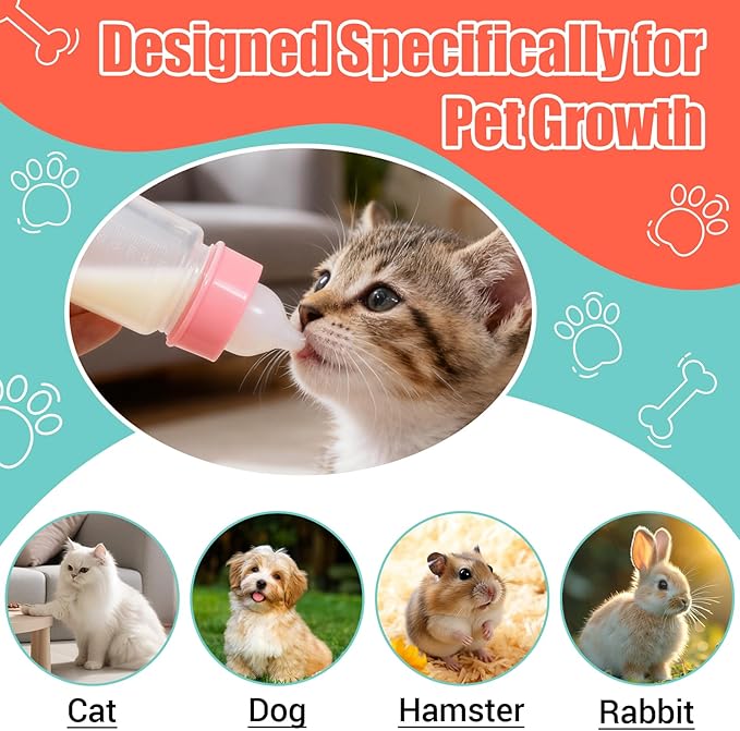 DEMORA Kitten Bottle Feeding Kit, Graduated Nursing Feeding Bottles for Pet Kitten Puppy Hamster Rabbit with Two Kinds of Replaceable Nipples Feeder (Clear, 3.4 oz)