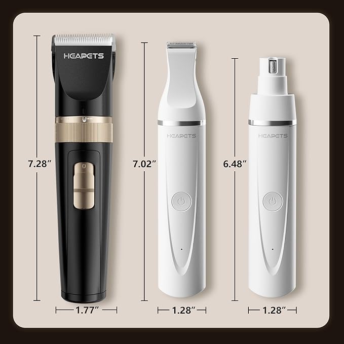 HEAPETS Dog Hair Clippers for Grooming Kit and Dog Paw Trimmer Nail Grinder for Grooming, Low Noise Rechargeable Cordless, Shaver Grooming Supplies for Pet Cats Dogs (Black, White)