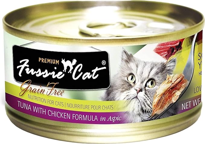 Fussie Cat Premium Canned Grain Free Cat Wet Food - Variety 4 Flavors Pack Food Bowl (48 Cans) (Tuna & Ocean Fish- Salmon - Shrimp - Chicken) 2.82 Ounce