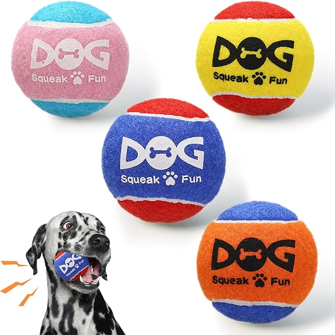 INSUM Squeaky Balls for Dogs, Squeaky Dog Toys Balls for Fetch, Funny Puppy Chew Toys, Built-in Squeaker, Idea for Doggie Birthday Gift, Large - 4 Pack