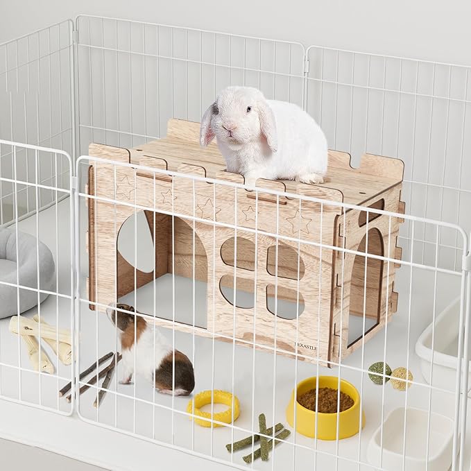 Larger Bunny Castle Sturdy Walnut Color Wooden Rabbit Hideout for Bunnies Guniea Pigs Ferrets Chinchillas Hamsters LXUS (Single Castle)