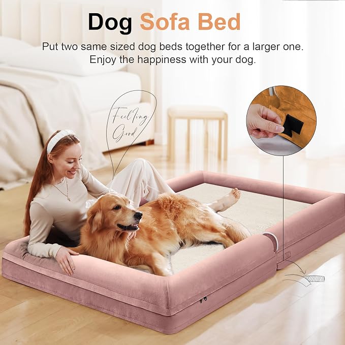 NANUYA Orthopedic Dog Bed for Large Dogs, 38 x 25 Inch, Pink | Egg crate foam for joint support, 3-sided bolster pet sofa, waterproof lining, washable cover, and non-skid base