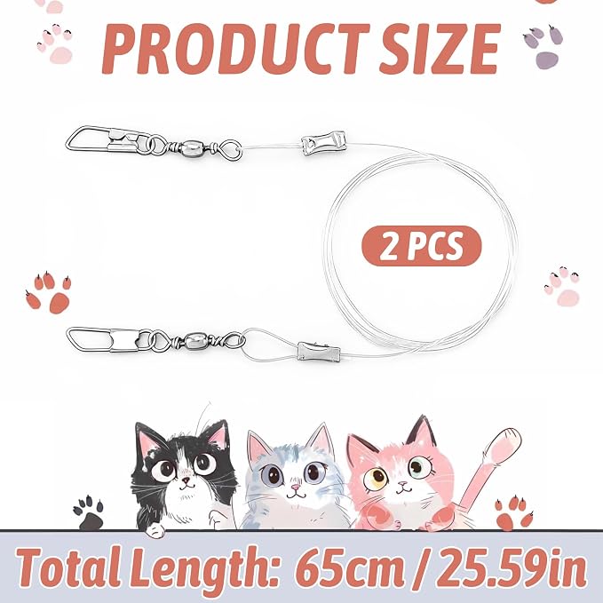 2pcs Cat Teaser Wand Refill String, 25.59 Inch Tough Replacement Strings Rod for Cat Wand, Clear Fishing Line Clasps Cat Dance Wires for Kitten Luring Pouncing Biting