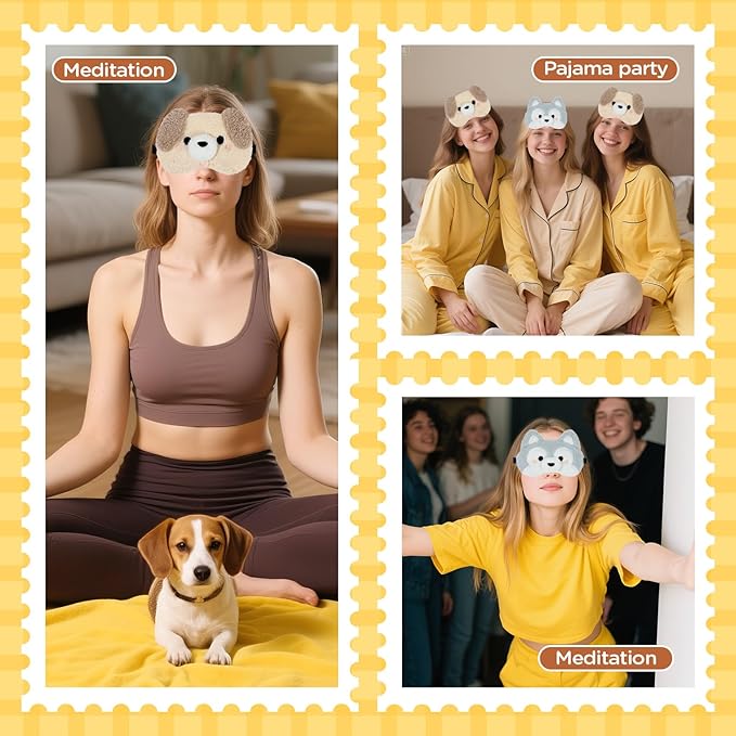 NEWEST 2 Pcs Cute Plush Dog Sleeping Masks, Soft Puppy Eye Cover for Sleeping with Adjustable Elastic Strap, Funny Cartoon Animal Eyeshade Blindfold for Blackout Travel Nap Night Sleep Party Girl Boy