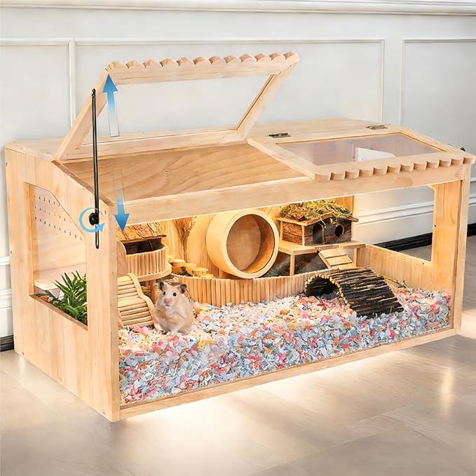 Wooden Hamster Cage,32"x16"Large Hamster Cage,2 Washable Liners & 2 Adjustable Ventilation Window. Small Animal Cage for Dwarf Syrian Hamsters Degus Mice & Other Small Pets.