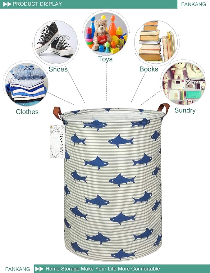 Storage Basket, Nursery Hamper Canvas Laundry Basket Foldable with Waterproof PE Coating Large Storage Baskets for Kids Boys and Girls, Office, Bedroom, Clothes,Toys（Shark）