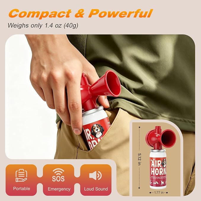 Nicehill 2 Pack Air Horn, 122dB Loud Air Horn for Dogs Pet Corrector to Stop Barking Jumping Chasing, Coyote Alert Safety Horn for Walking Hiking, Non‑Refillable 1.4oz, Orang