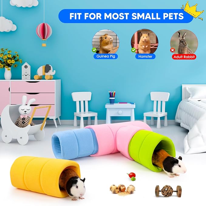 Guinea Pig Tunnel, Four Stackable Tunnels for Guinea Pig, One Pink 3-Way Tunnel and Three 2-Way Play Tube, Pink, Blue, Green and Yellow