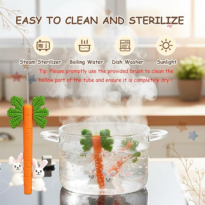 Baby Teething Toys Silicone Carrot Rabbit Hollow Teething Tubes -Sensory Chew Toys Over 3 Months - Teether Straws for Teething Relief -BPA Free Infant Toys Baby Shower Gifts Baby Essentials (1)