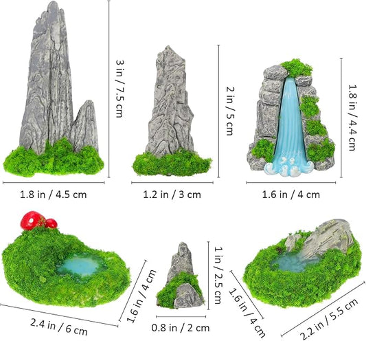 GANAZONO Miniature Rockery and Pool Statue 6-Pack Resin Artificial Mountain Figurines for Fish Tank Aquarium Garden Decor Micro Landscape Bonsai Ornament 2.91X1.73X1.73In