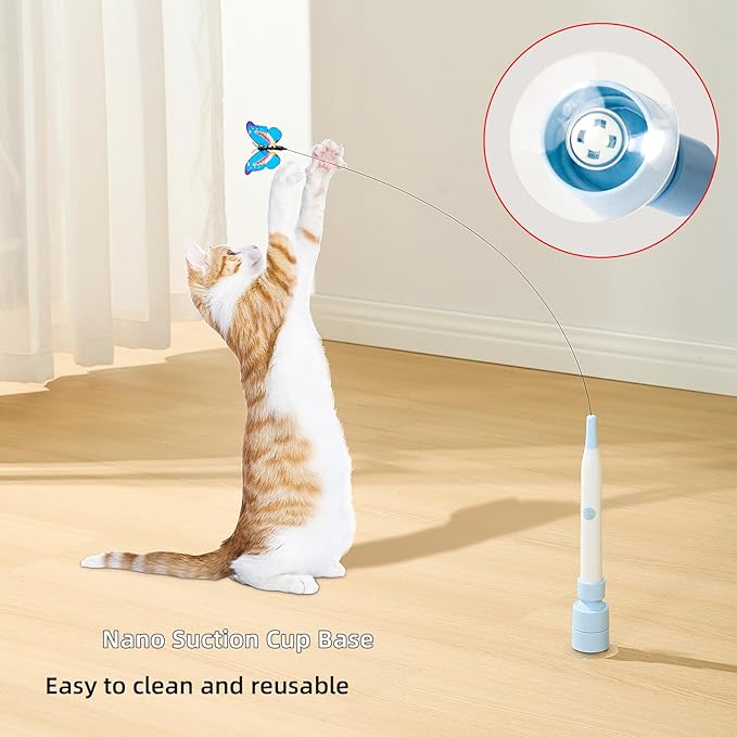 Electric Butterfly Cat Wand – 360° Spinning Self-Play with 2 Modes & Tap-to-Awake, Rechargeable Cleanable Suction Base, 3 Butterfly Refills – Interactive Cat Toys for Indoor Cats