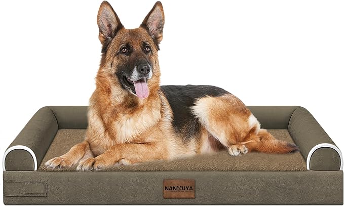 NANUYA Orthopedic Dog Bed for Jumbo Dogs, 48 x 33 Inch, Brown | Egg crate foam for joint support, 3-sided bolster pet sofa, waterproof lining, washable cover, and non-skid base