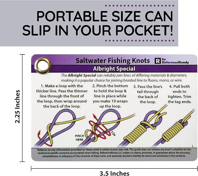 ReferenceReady Saltwater Fishing Knot Cards - Waterproof Pocket Guide to 15 Big Game Fishing Knots | Includes Portable Book of Inshore and Deep Sea Fishing Knots and a Mini Carabiner