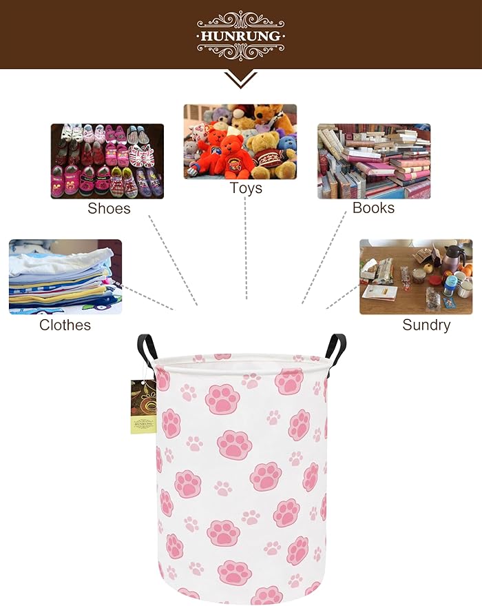 Collapsible Fabric Storage Basket, Waterproof Laundry Hamper with Handles, Round Storage Bin for Clothes Toys, Foldable Organizer for Bedroom Nursery Bathroom(Round-Pink Paw)