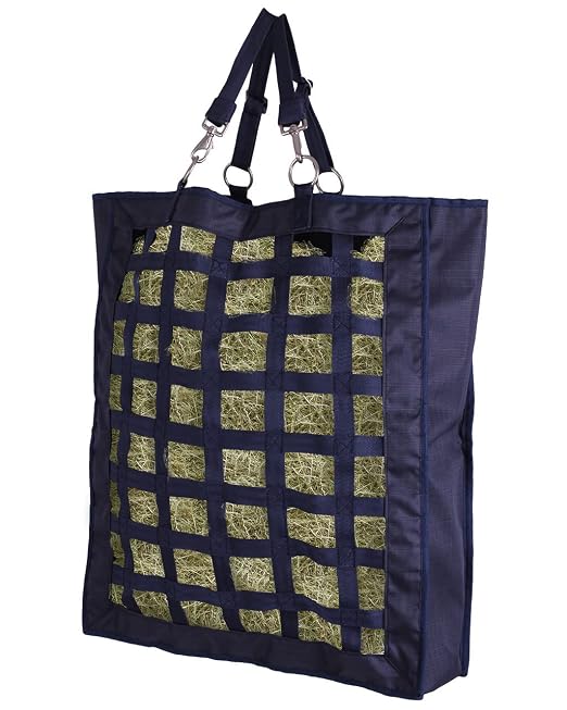 QHP Hay Bag for Horses | Slow Feed Horse Hay Bag | Horse Hay Feeder | 2.4" Mesh | Holds up to 13 lbs | Durable 600D Polyester | Stall, Trailer & Paddock | 2-Year Warranty (Navy)