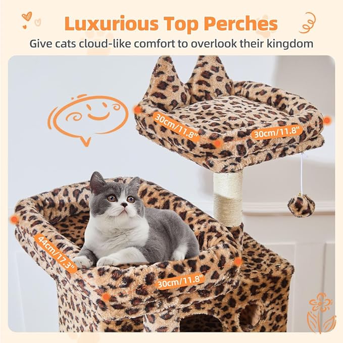 Taoqimiao Cat Tree 71-Inch, Cat Tower for Indoor Cats Large Adult, Multi-Level Large Cat Condo, 8 Sisal Scratching Posts, Metal Frame Cozy Hammock, Scratch Board, 2 Top Perches, Leopard Print MS026LBW
