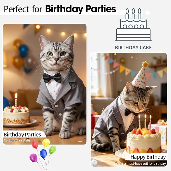 QBLEEV Cat Tuxedo Outfit with Bow Tie, Sphynx Cat Costume Formal Suit Wear | Soft breathable, stylish hairless clothes for cats only, kitten wedding birthday party shirt apparel for male boy