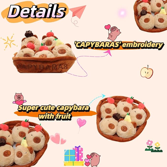 Capybara Plush Toy Set with Fruit, 5pcs Cute Capybaras Stuffed Animal in Basket, 7.87in Interactive Plush Animals, Soft Kawaii Gifts for Kids & Friends – Birthday, Christmas, Holiday Decor